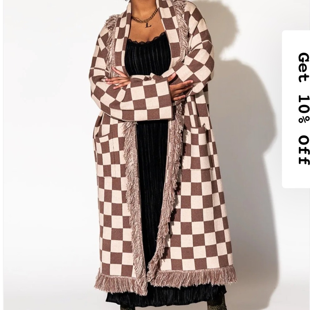 Dressed in Lala Checkered Fringe Long Cardigan